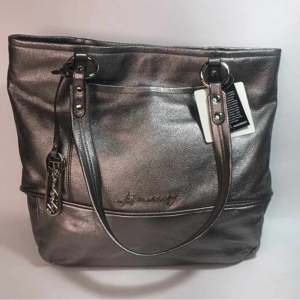 b. makowsky Pewter Metallic Leather XL Tote Bag NWT